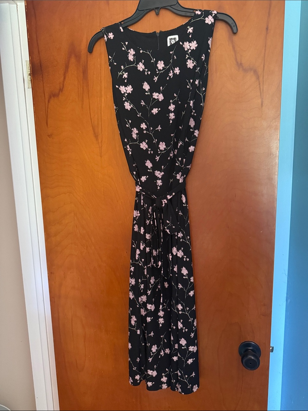 Anne Klein Black Floral Sleeveless Midi Dress with Pink Blossom Print